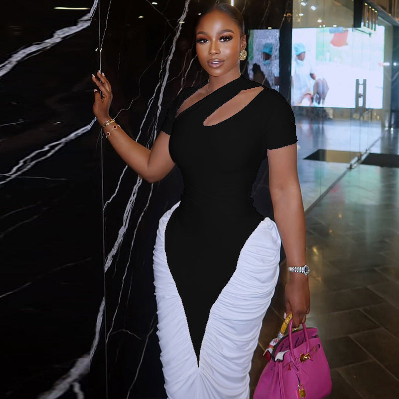Chic Black And White Bodycon Dress With Hollow Out Short Sleeves