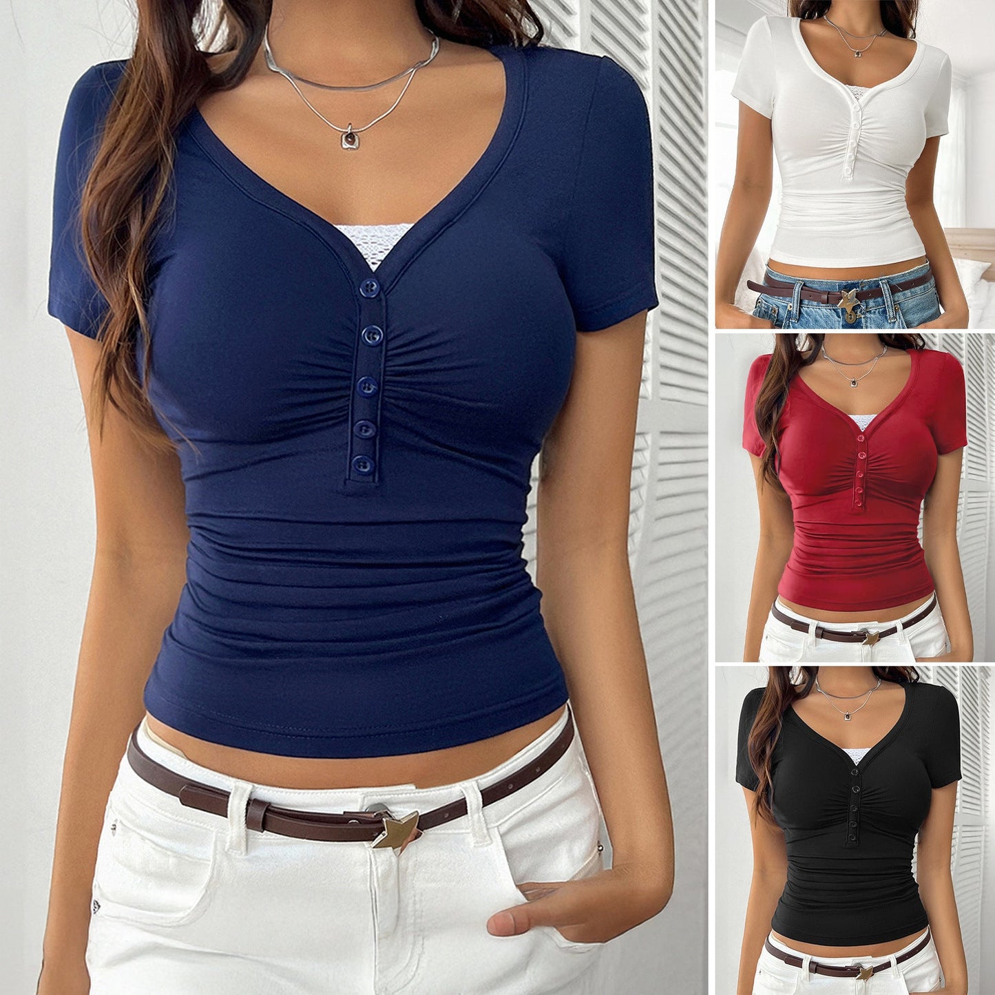 Y2K Style Solid Color Slim-Fit Lace Trim V-Neck Short Sleeve Top