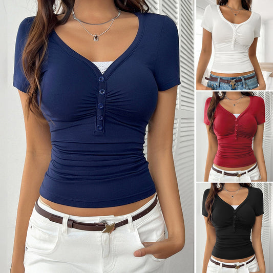 Y2K Style Solid Color Slim-Fit Lace Trim V-Neck Short Sleeve Top
