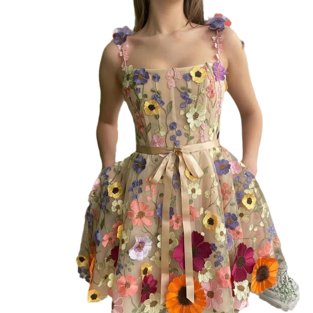 Women'S 3D Flower Embroidery Wrapped Hip Sexy Dress