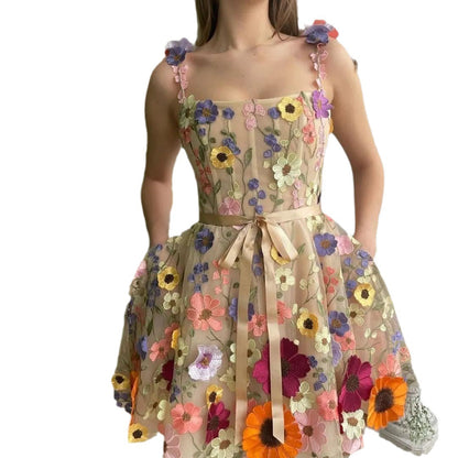 Women'S 3D Flower Embroidery Wrapped Hip Sexy Dress