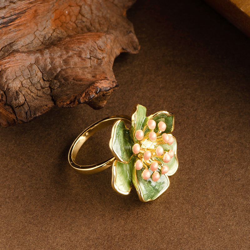 French Vintage Adjustable Enamel Camellia Flower Ring