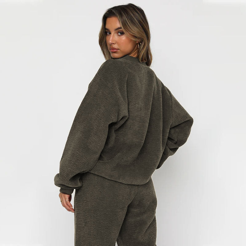 Solid Color Corduroy Casual Pullover Set