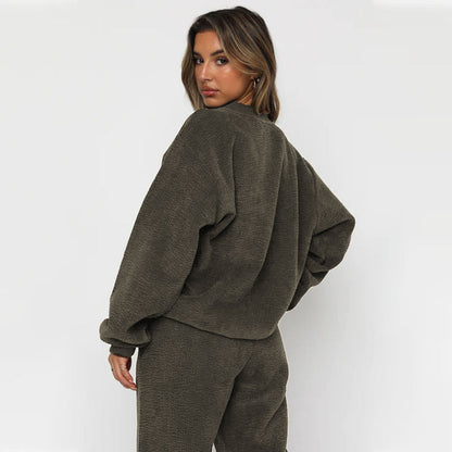 Solid Color Corduroy Casual Pullover Set