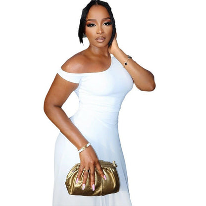 Trendy Solid Color Off-Shoulder Midi Dress