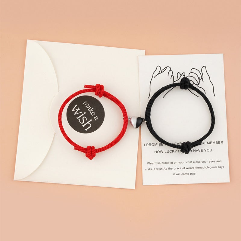 Fashionable Black And White Heart-Shaped Magnetic Buckle Milan Rope Braided Couples Girlfriends Bracelet Adjustable Bracelet