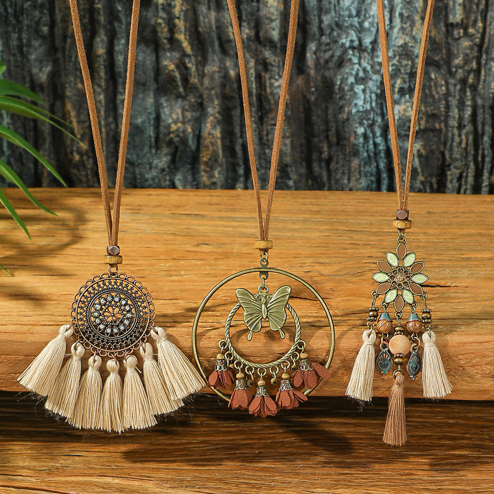 Bohemian Long Pendant Necklace with Tassels and Floral Design
