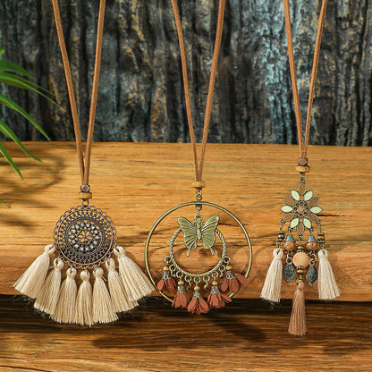 Bohemian Long Pendant Necklace with Tassels and Floral Design
