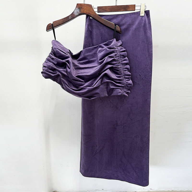 Trendy French Style Velvet Two-Piece Set With Asymmetrical Top And Skirt