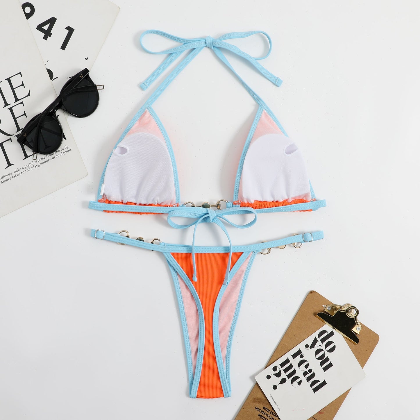 Color Block Halter Backless Swimwear