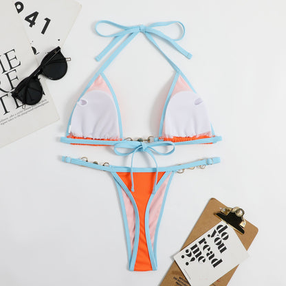 Color Block Halter Backless Swimwear
