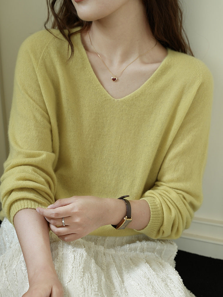 V-Neck Cashmere Blend Long Sleeve T-Shirt Elegant Casual Top