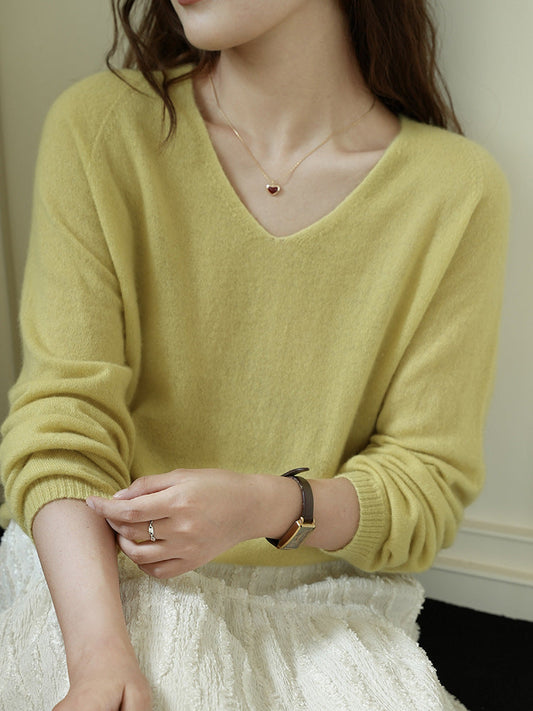 V-Neck Cashmere Blend Long Sleeve T-Shirt Elegant Casual Top