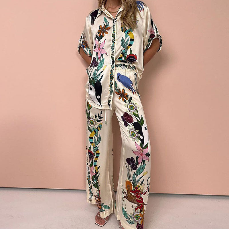 Elegant Batwing Sleeve Printed Two-Piece Set