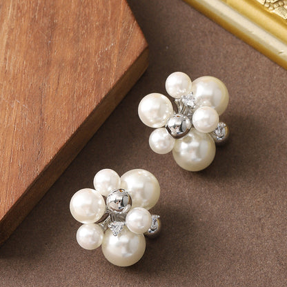 French Elegant Pearl Floral Stud Earrings For Women