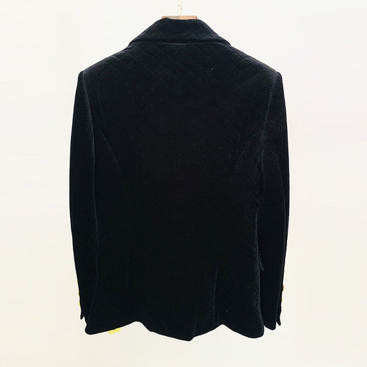 Double Breasted Velvet Blazer with Metal Lion Button
