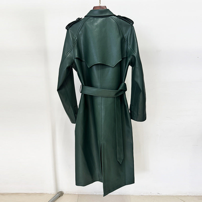 Double-Breasted Belted Faux Leather Trench Coat