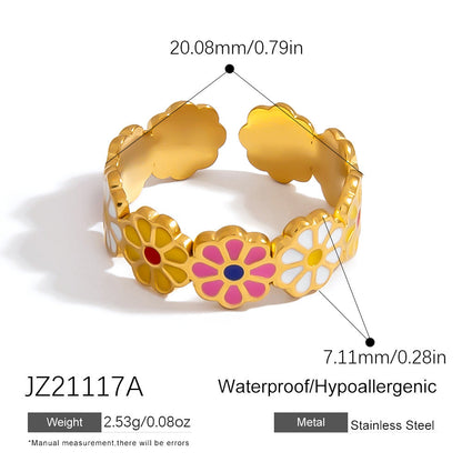 Colorful Floral Stainless Steel Ring Stylish Casual 18K Gold-Filled Women's Ring