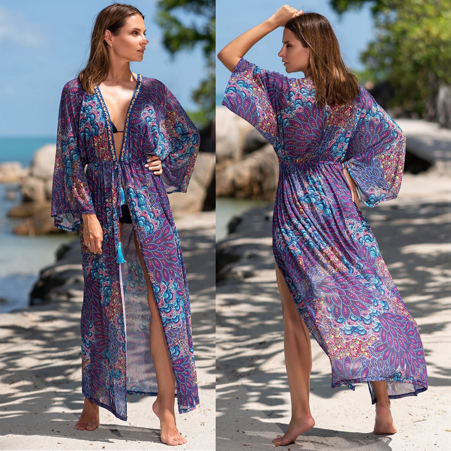 Quick-Dry Strip Cardigan With Floral Border For Holiday Beach Bikini Top