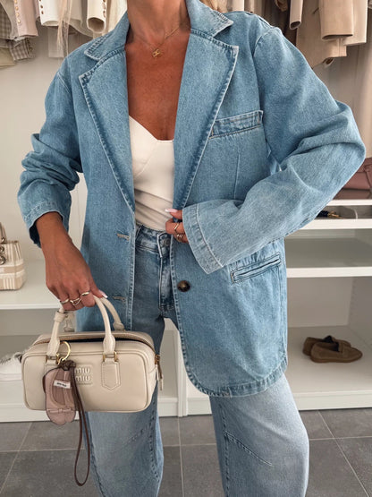 Casual Loose-Fit Light Blue Denim Blazer for Women
