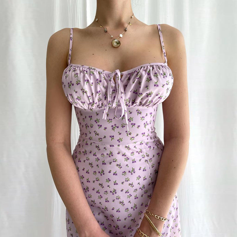 Floral Print Split Hem Sling Dress Comfortable Casual Wear