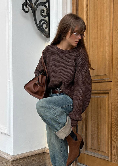 Chunky Knit Pullover Sweater Dark Brown
