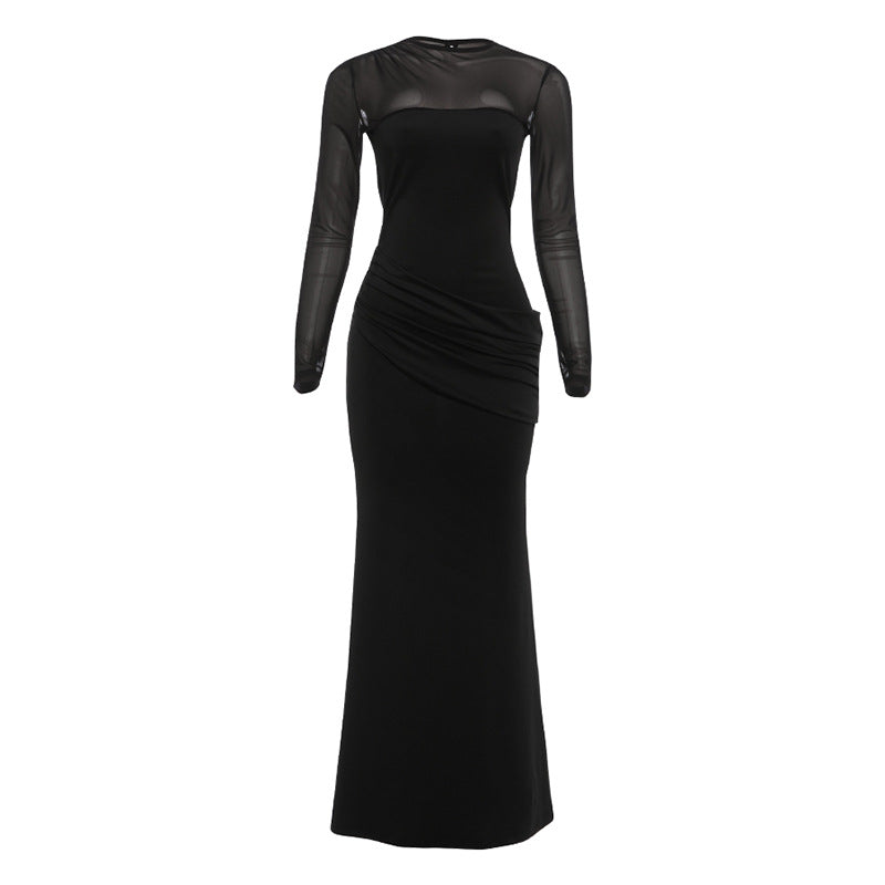 Elegant High-Waisted Sheer Long Sleeve Dress