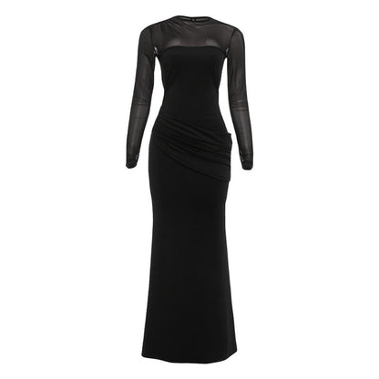 Elegant High-Waisted Sheer Long Sleeve Dress