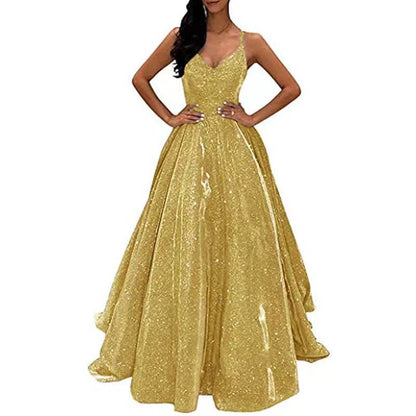 Elegant Sparkly Maxi Dress Sleeveless V-Neck Evening Gown