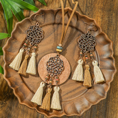 Bohemian Dreamcatcher Tassel Earrings and Wooden Necklace Set