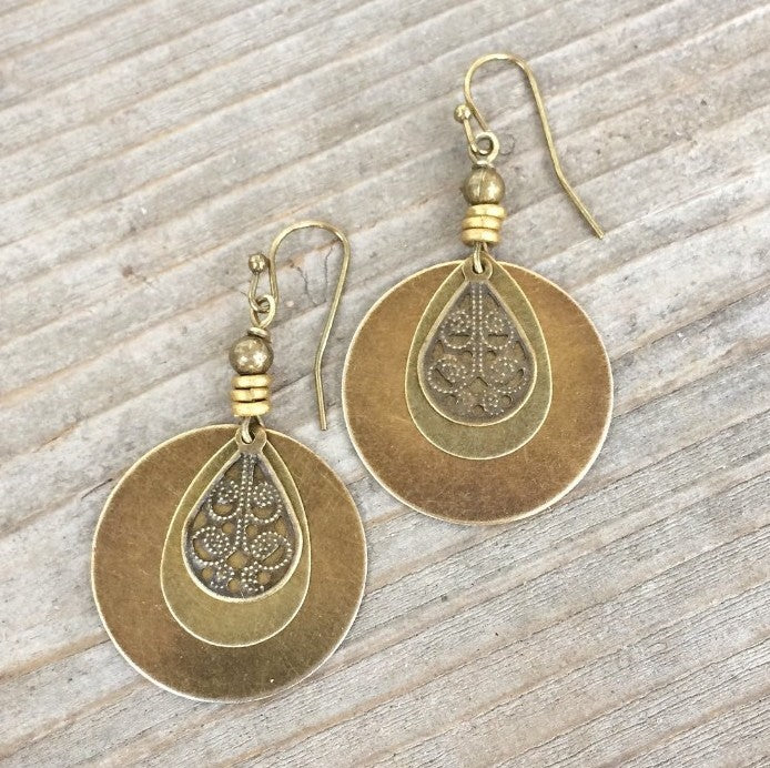 Bohemian Vintage Ethnic Style Cotton And Linen Women'S Assembly Jewelry New Old Bronze Circle Carved Earrings