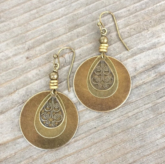 Bohemian Vintage Ethnic Style Cotton And Linen Women'S Assembly Jewelry New Old Bronze Circle Carved Earrings