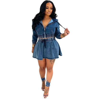 Casual Denim Jacket Dress Set For Women