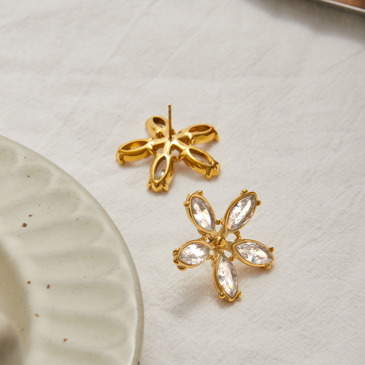 Gold Cubic Zirconia Flower Stud Earrings