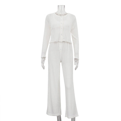 Casual Long Sleeve Cardigan Pajama Set with Pants
