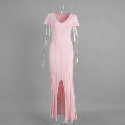 V-Neck Split Hem Bodycon Maxi Dress