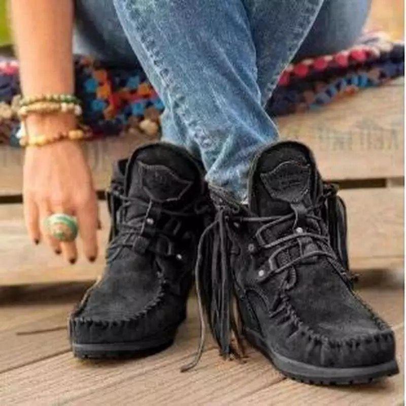New Winter Products Comfortable Thick-Soled Fringed Lace-Up Women'S Short Boots Snow Boots