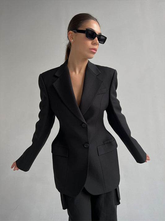 Tailored Women's Blazer with V-Neck and Waist-Cinching Design