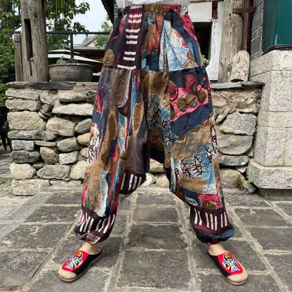 Ethnic Style Summer Men'S And Women'S Same Large Crotch Pants Cotton And Linen Printed Casual Lantern Trousers