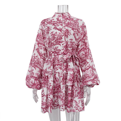 The New National Style Ink Print Short Dress With Bubble Sleeve Stand Collar And Retro A-Line Skirt