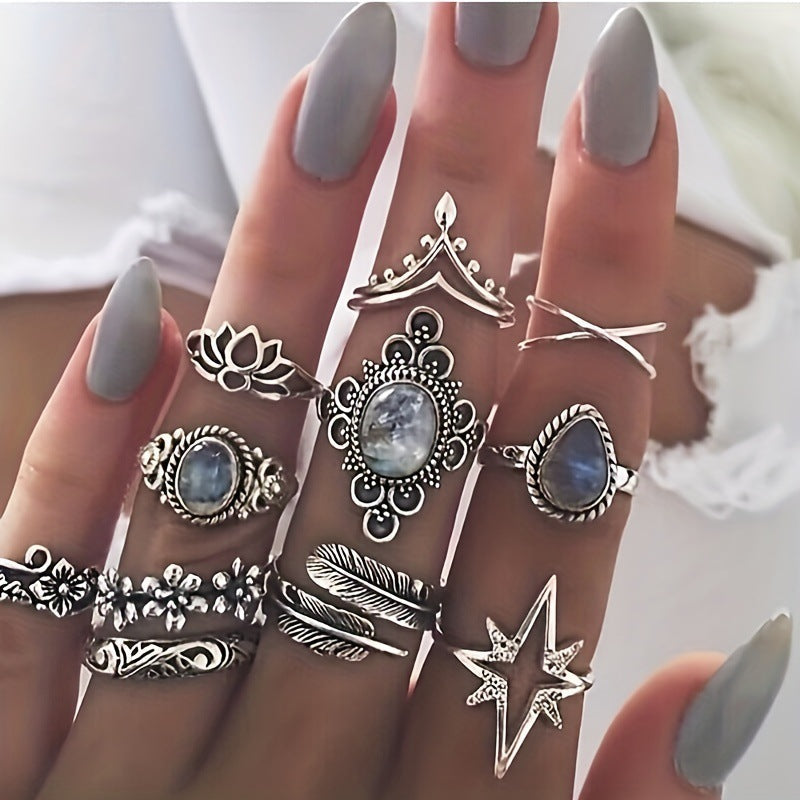 Vintage Geometric Ring Set With Black Stone