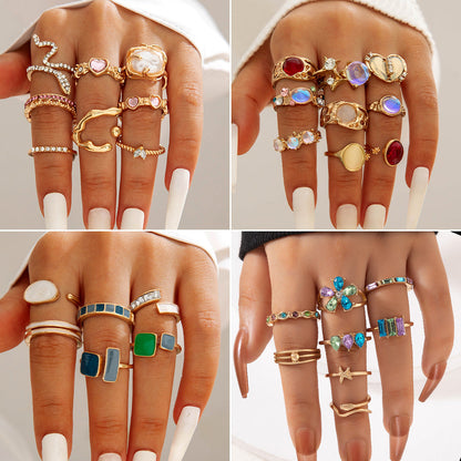 Heart Gemstone Ring Geometric Alloy Ring Set