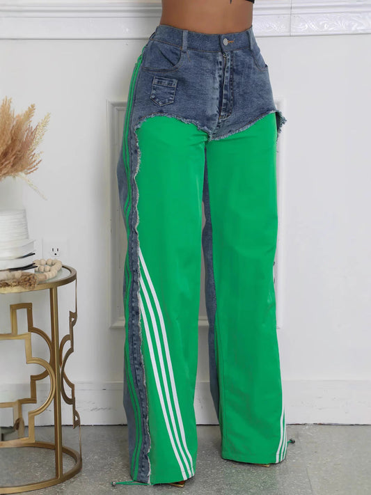 Trendy Color-Block Striped Vintage Denim Pants