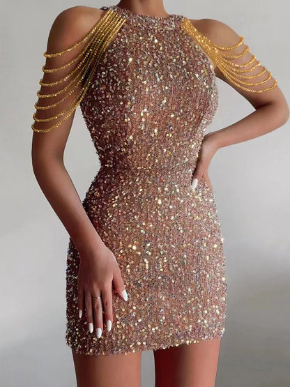 Sleek Crystal Chain Midi Dress With Sequins In Solid Colors