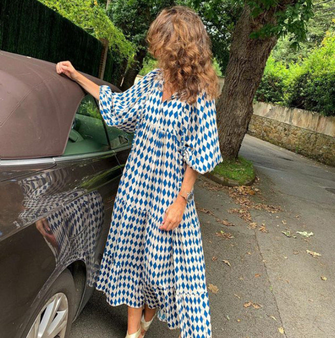 Geometric Patch Puff Sleeve Dress