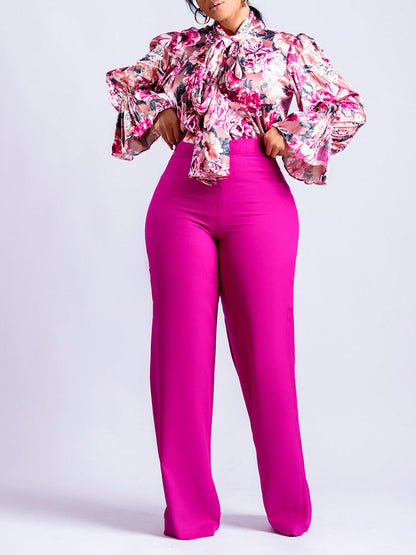 Casual Long Sleeve Floral Shirt And Wide Leg Pants Set