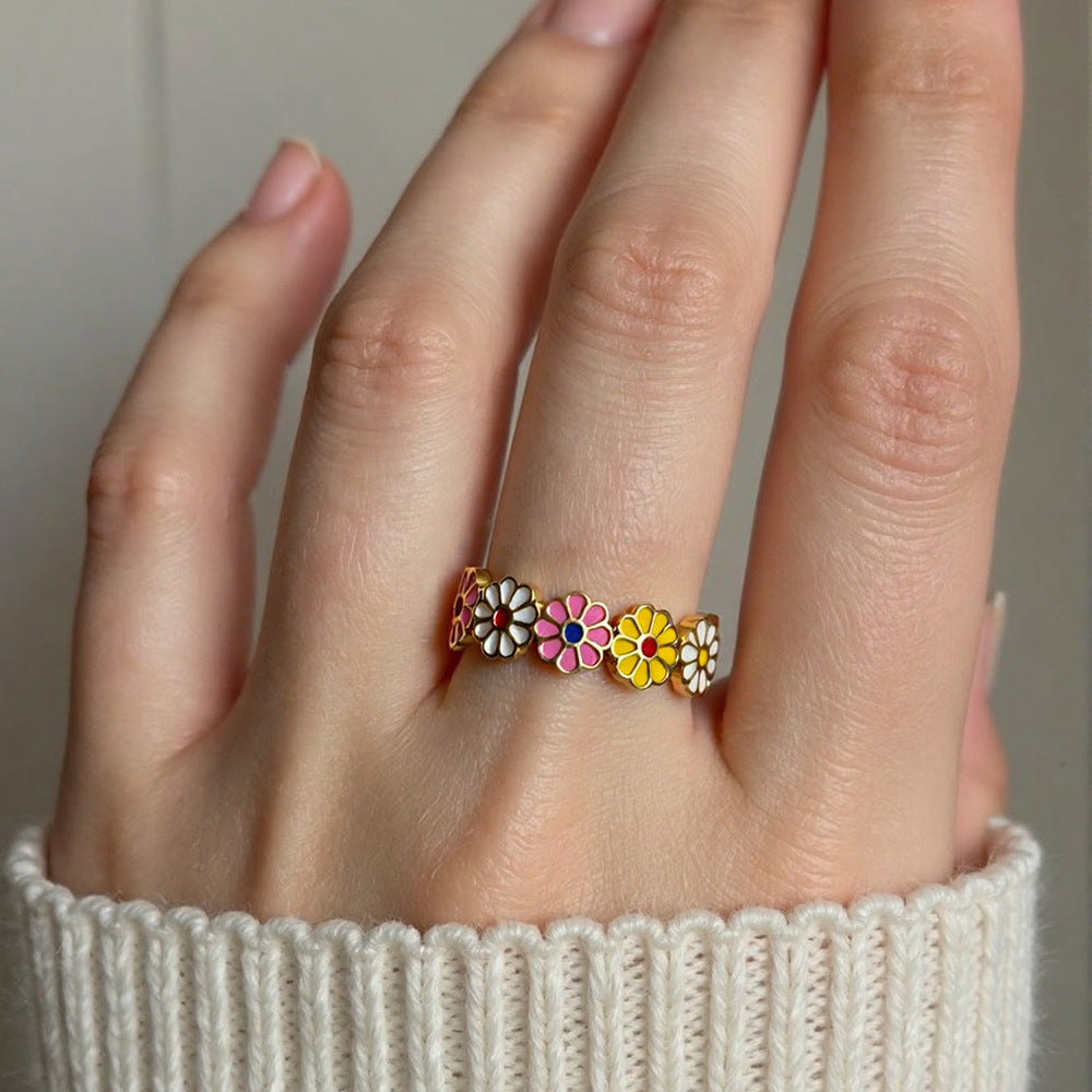 Colorful Floral Stainless Steel Ring Stylish Casual 18K Gold-Filled Women's Ring
