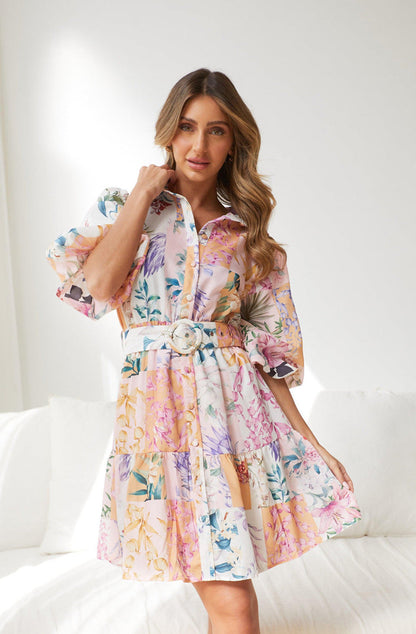 Bohemian Printed Short Skirt Lantern Short Sleeved Belt Single Breasted A-Line Dress