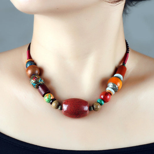 Ethnic Style Original Handmade Tibetan Jewelry Necklace Vintage Multi Treasure Ceramic Beads Versatile Short Collarbone Neck Chain