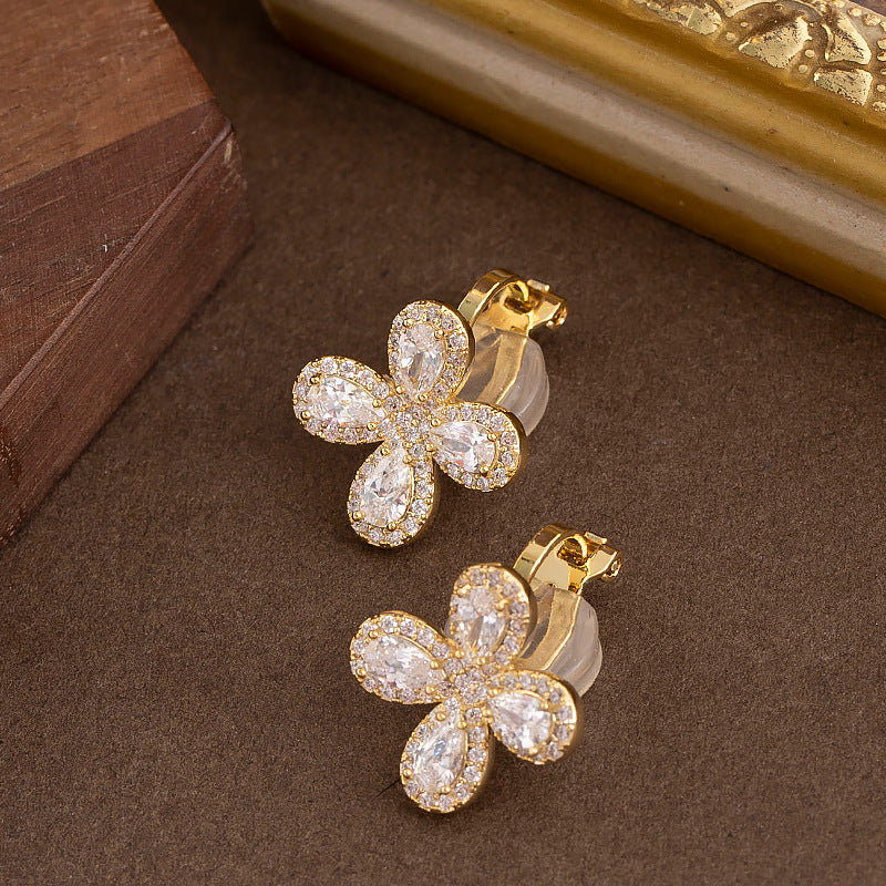 Cute Elegant Zirconia Clover Clip-On Earrings For Women